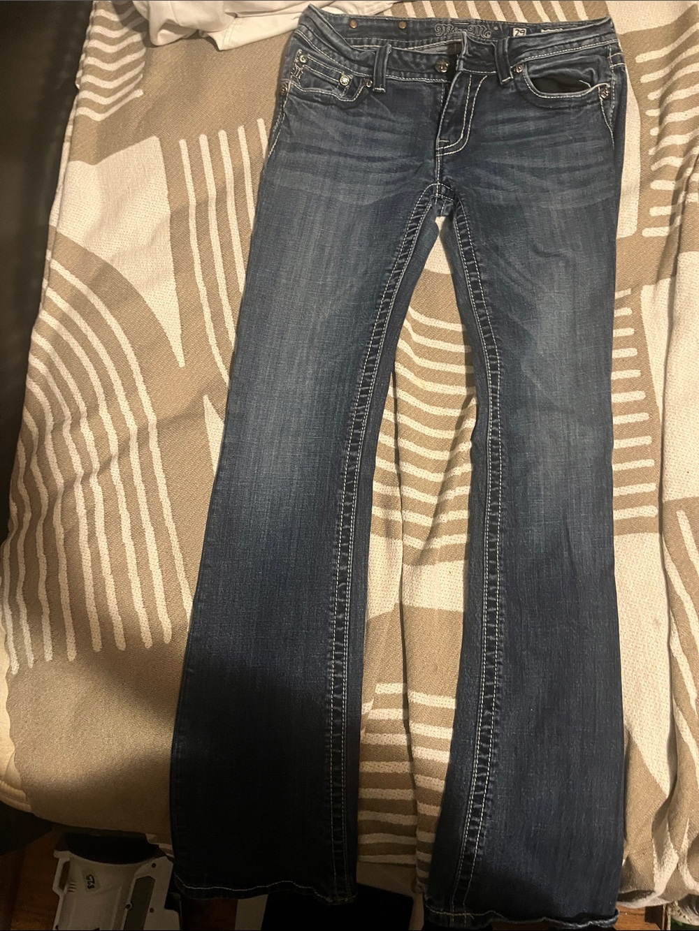Miss Me Dark Blue Flare Jeans with Contrast Stitching
